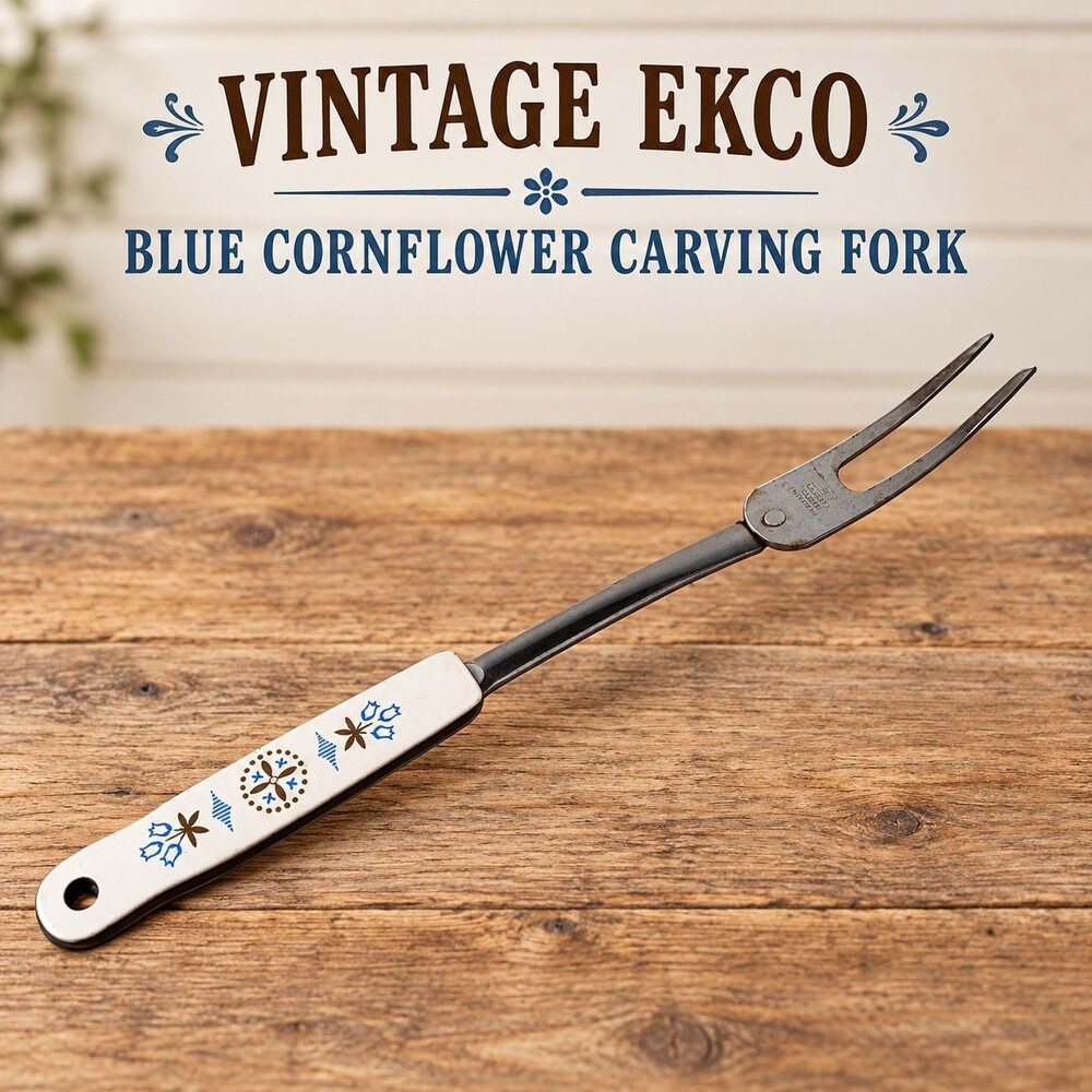 Vintage EKCO Blue Cornflower Meat Carving Fork 12” Floral Kitchen Utensil